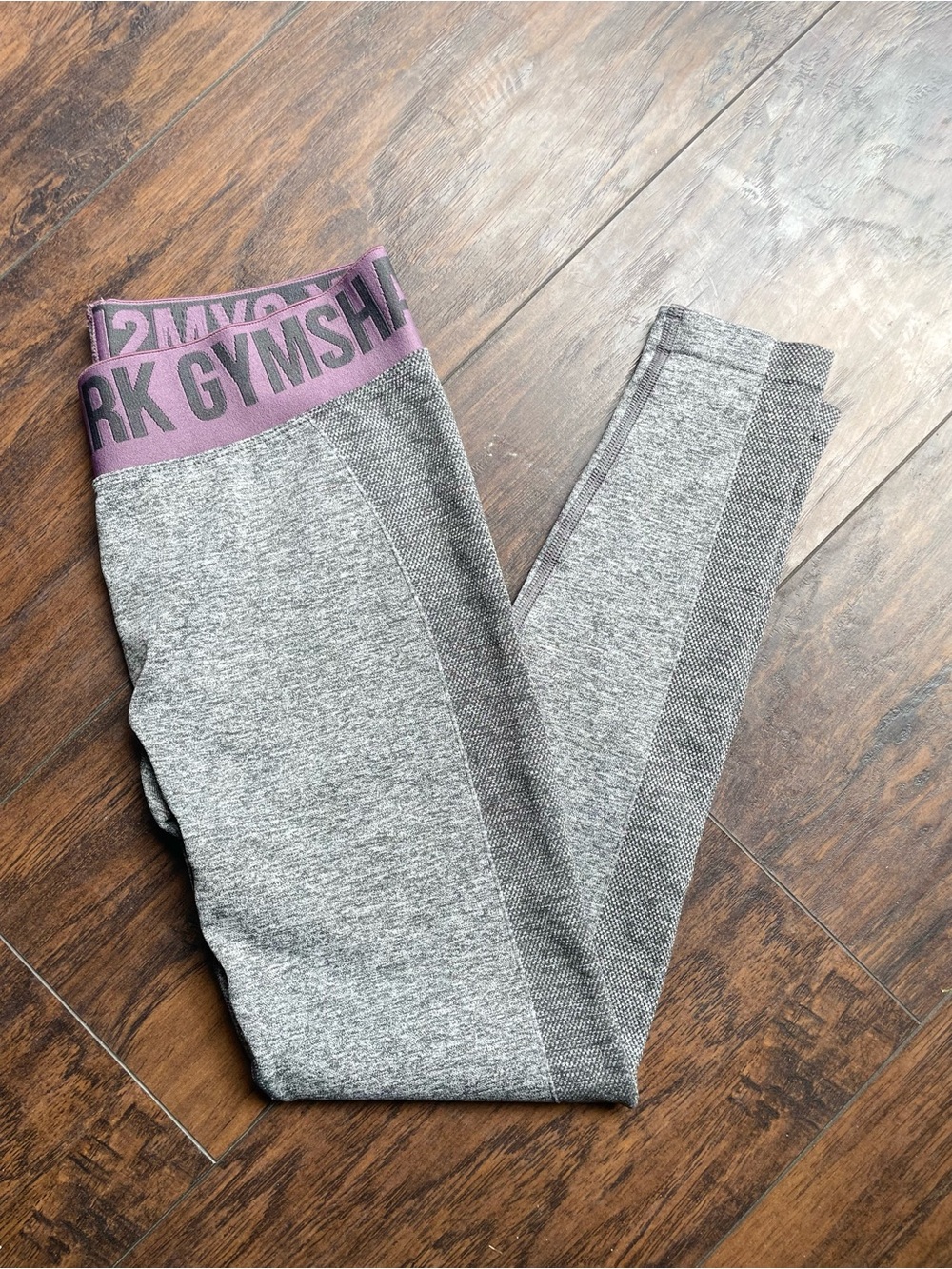 Gymshark Grey Seamless Leggings with Purple Waistband